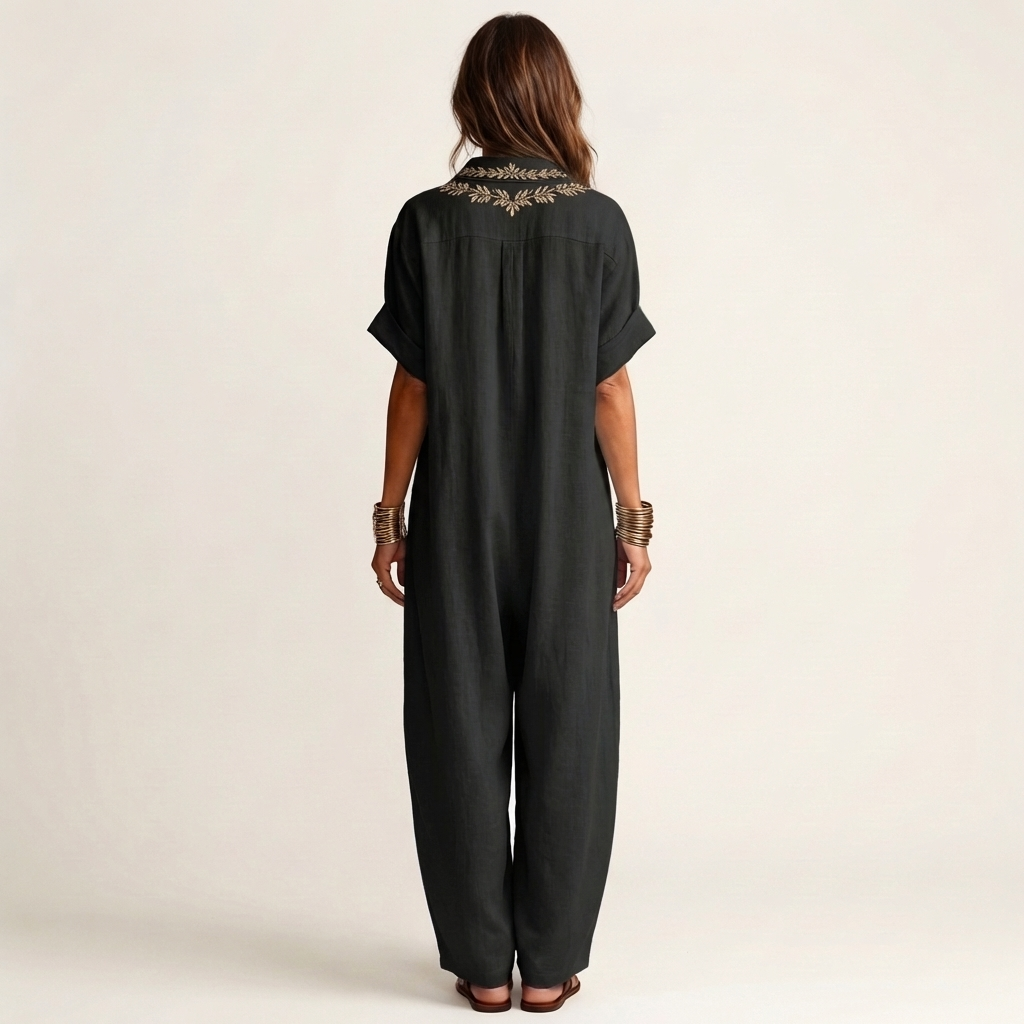 Amarina | Elegante vestido largo de lino bordado con escote en V
