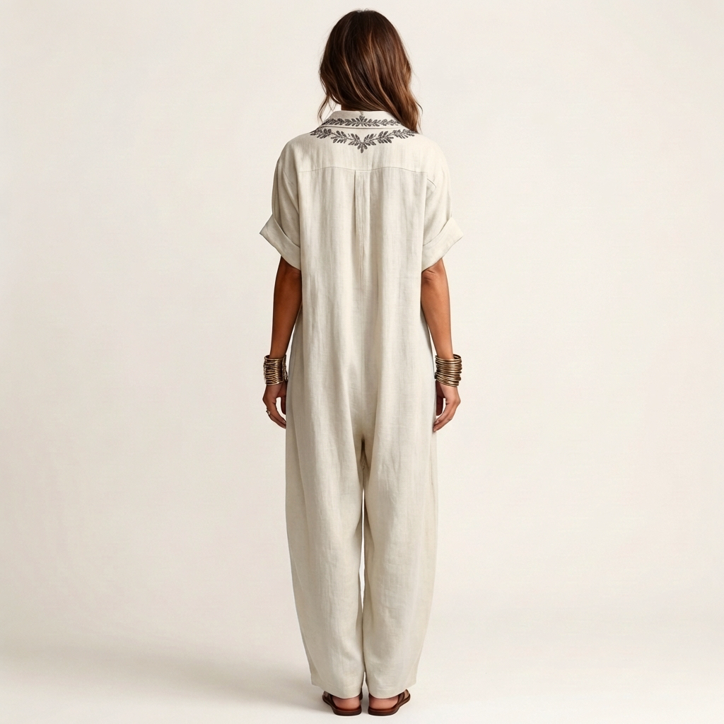 Amarina | Elegante vestido largo de lino bordado con escote en V