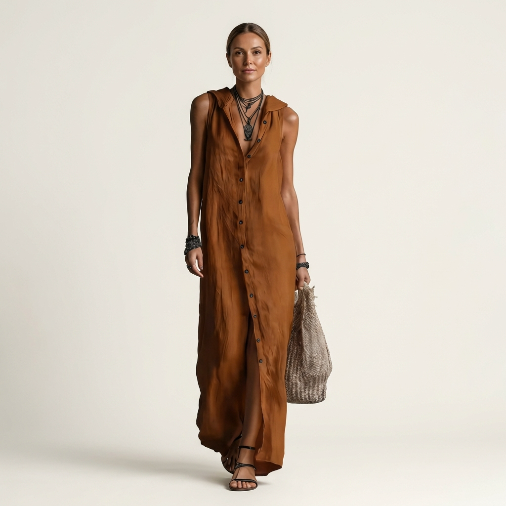 Mirabell | Elegante vestido largo de lino sin mangas con capucha y detalle de botones en la parte delantera