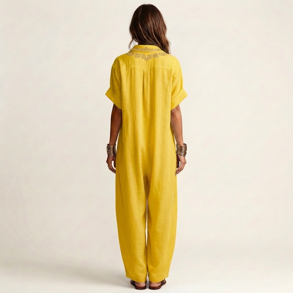 Amarina | Elegante vestido largo de lino bordado con escote en V