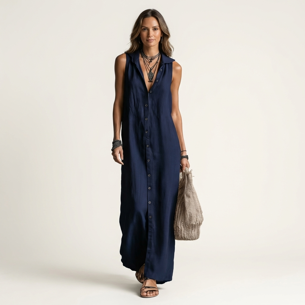 Mirabell | Elegante vestido largo de lino sin mangas con capucha y detalle de botones en la parte delantera