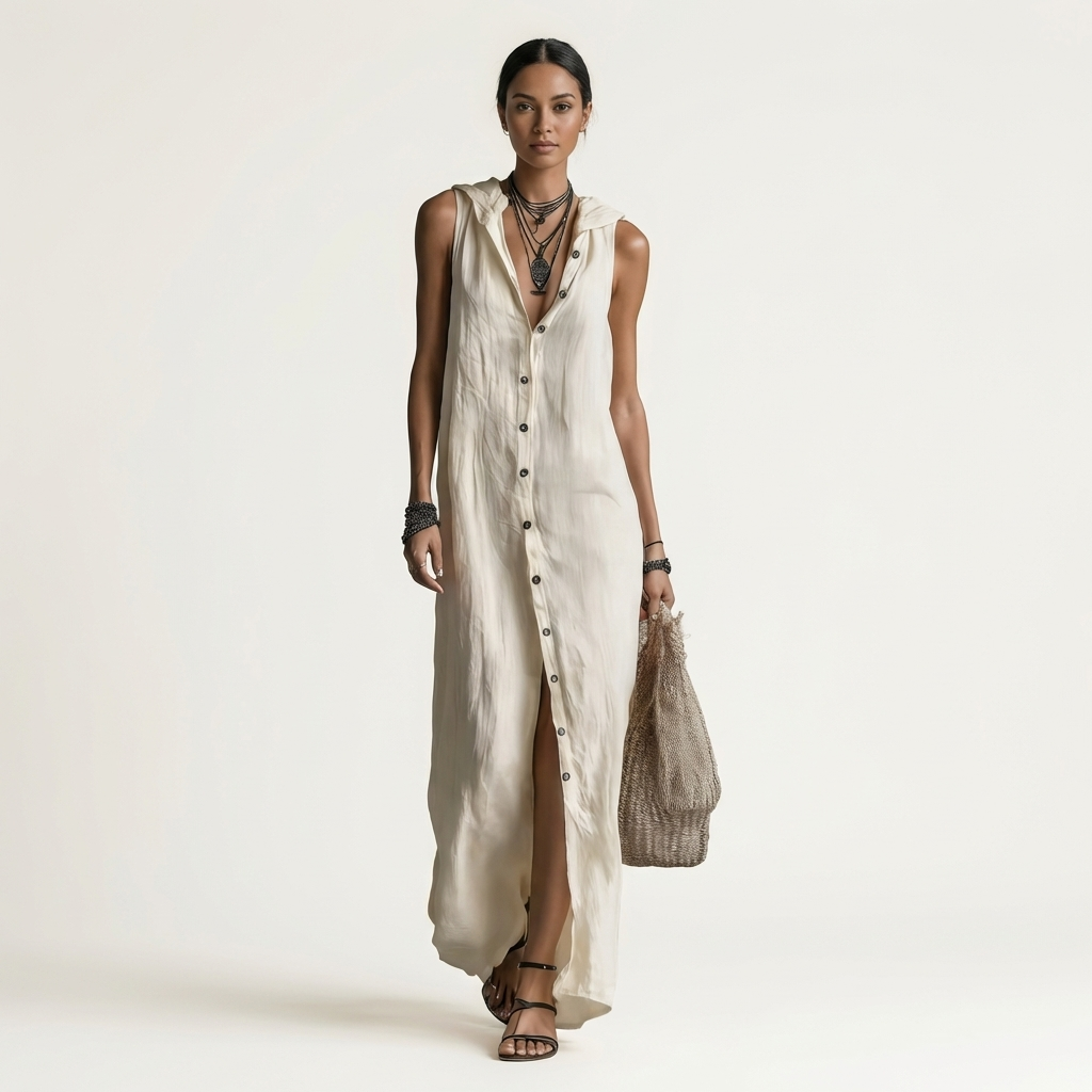 Mirabell | Elegante vestido largo de lino sin mangas con capucha y detalle de botones en la parte delantera