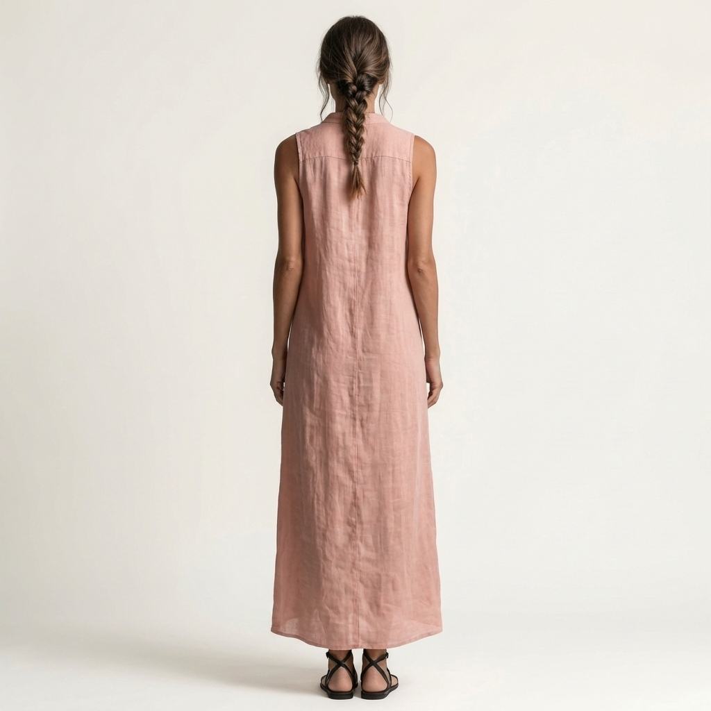 Mirabell | Elegante vestido largo de lino sin mangas con capucha y detalle de botones en la parte delantera