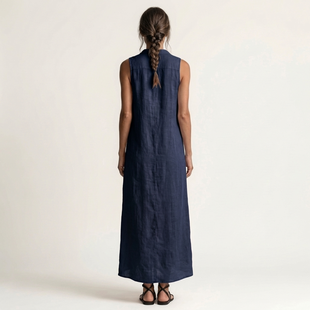 Mirabell | Elegante vestido largo de lino sin mangas con capucha y detalle de botones en la parte delantera