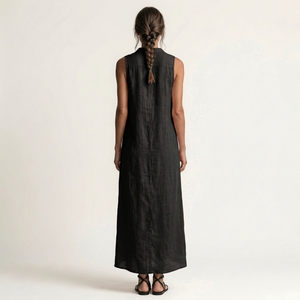 Mirabell | Elegante vestido largo de lino sin mangas con capucha y detalle de botones en la parte delantera