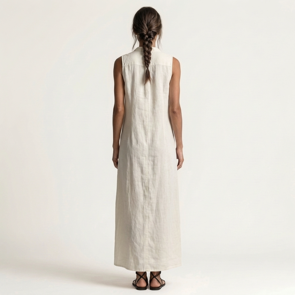 Mirabell | Elegante vestido largo de lino sin mangas con capucha y detalle de botones en la parte delantera