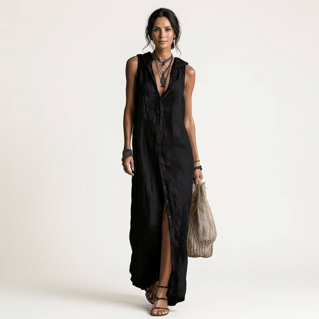 Mirabell | Elegante vestido largo de lino sin mangas con capucha y detalle de botones en la parte delantera