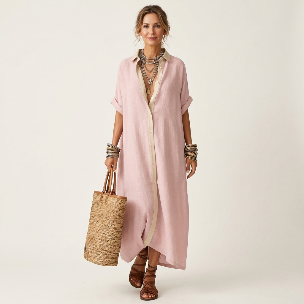 Kamira | Vestido camisero largo de manga corta, elegante, con cuello en contraste y botones frontales