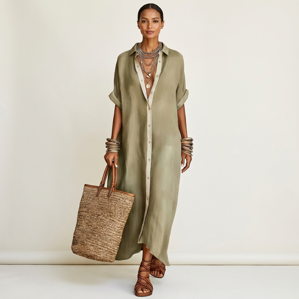 Kamira | Vestido camisero largo de manga corta, elegante, con cuello en contraste y botones frontales