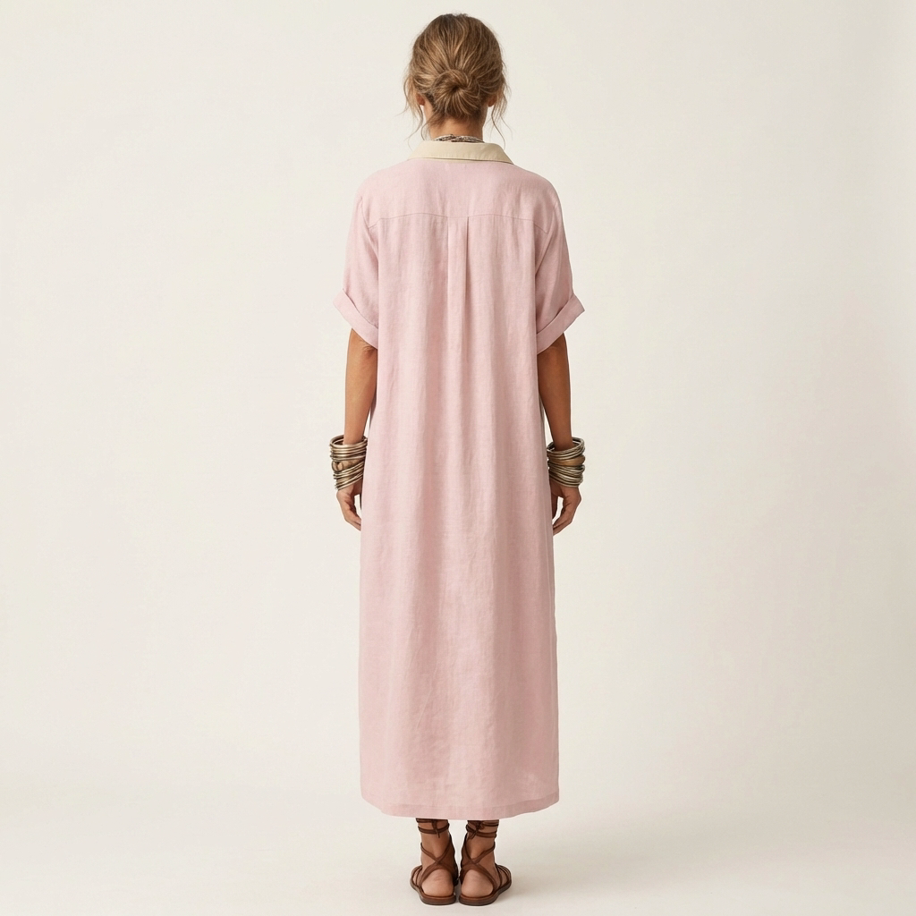 Kamira | Vestido camisero largo de manga corta, elegante, con cuello en contraste y botones frontales