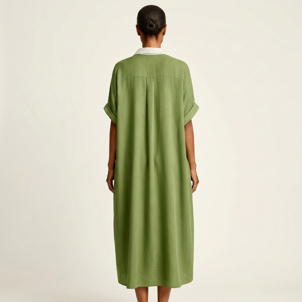 Kamira | Vestido camisero largo de manga corta, elegante, con cuello en contraste y botones frontales