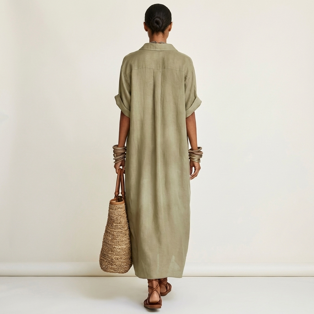 Kamira | Vestido camisero largo de manga corta, elegante, con cuello en contraste y botones frontales