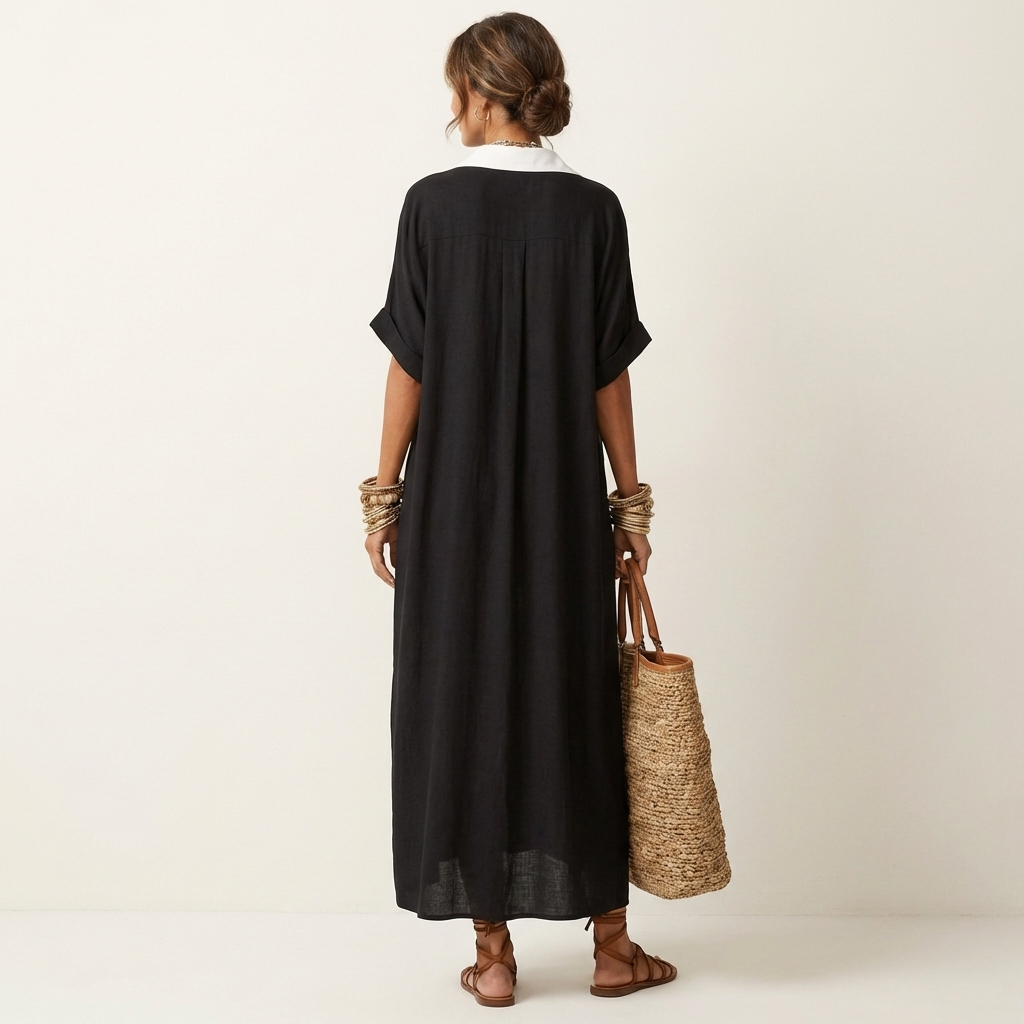 Kamira | Vestido camisero largo de manga corta, elegante, con cuello en contraste y botones frontales