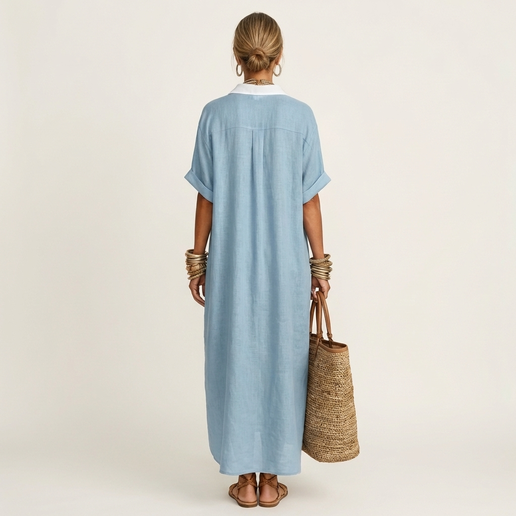 Kamira | Vestido camisero largo de manga corta, elegante, con cuello en contraste y botones frontales
